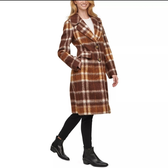 NWT Calvin Klein Brown Multi Brushed Plaid Notch Lapel Button Front Overcoat 6 - Picture 6 of 6
